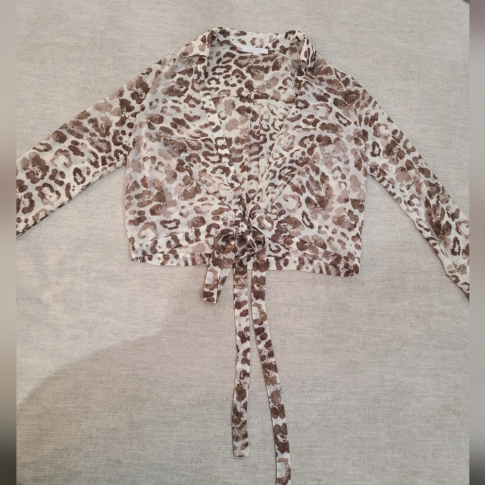 Sheer Leopard Print Tie-Front Blouse